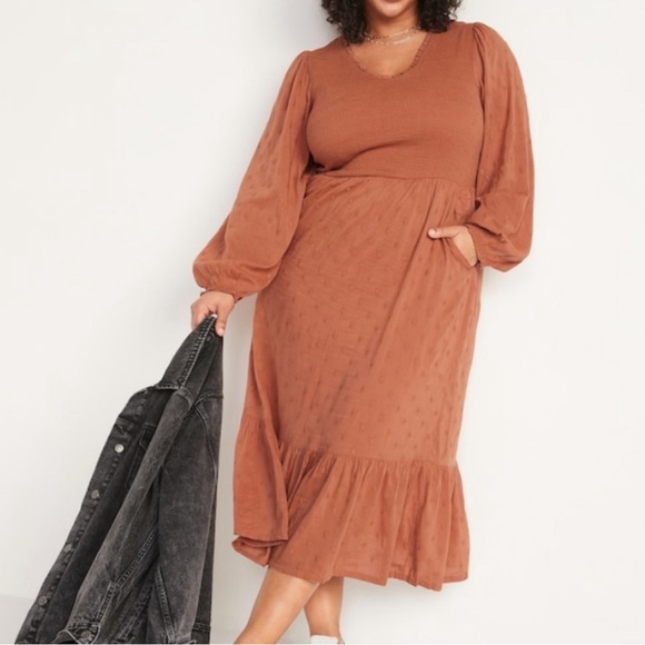 Old Navy Long Sleeve Fit Flare Smocked Midi Dress Brown Rustic Western Farmhouse - Picture 3 of 11